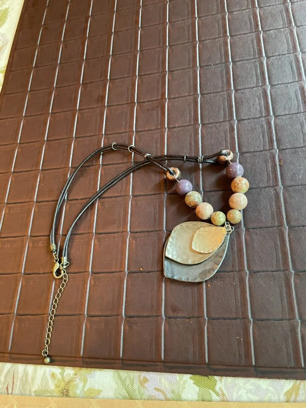 Handcrafted Necklace with Beads and Metal Brown 11 1/2